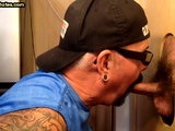 Tattooed gloryhole DILF sucks cock 4 cum in mouth at home