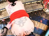 Public POV fucked tattooed slut rides