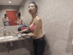 Asian babe Sharon Lee with huge tits fucked in public garage